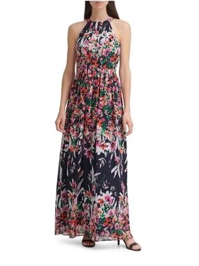 NWT ELIZA J MULTICOLOR FLORAL PRINT HALTER MAXI DRESS